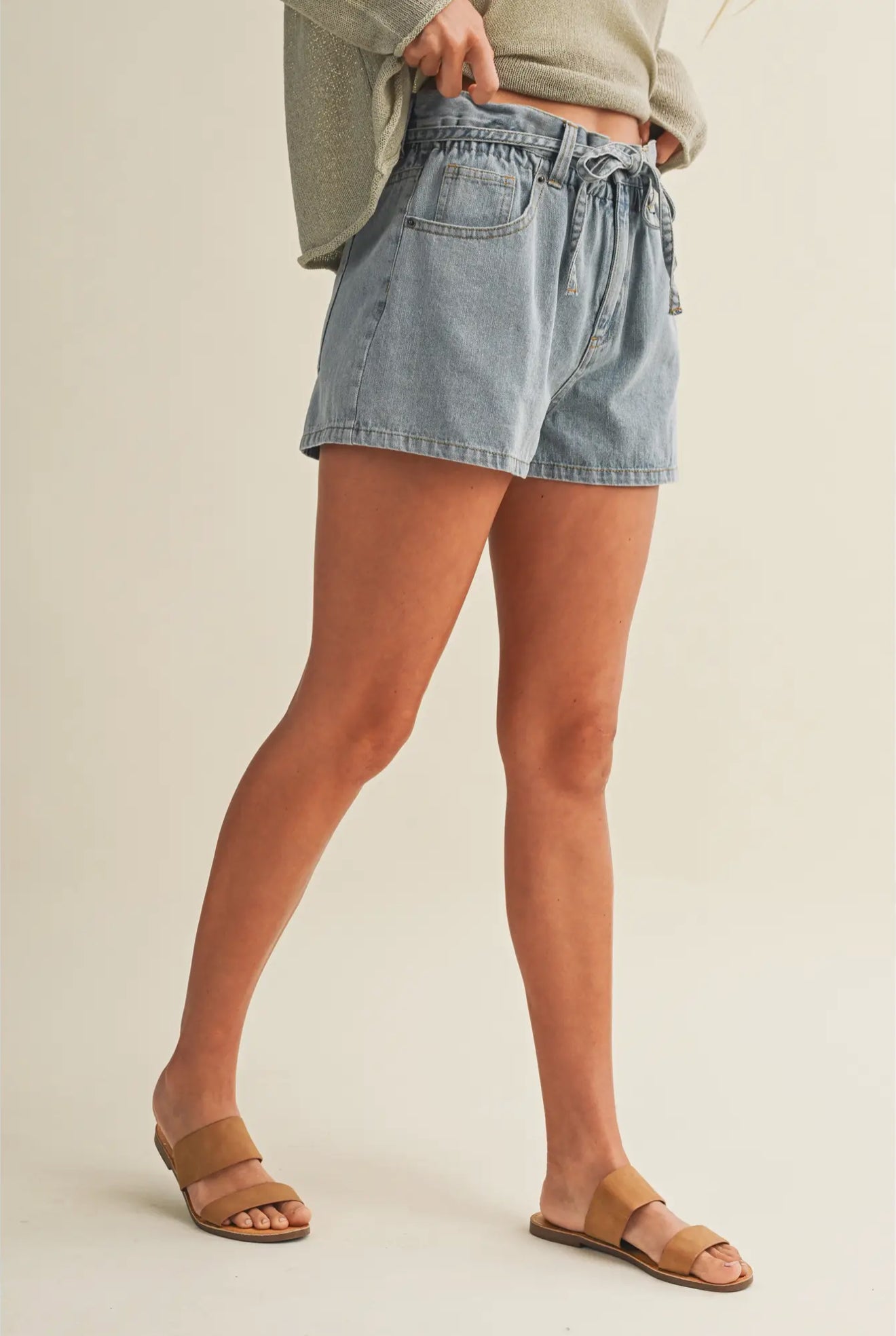 Gathered Waist Denim Shorts